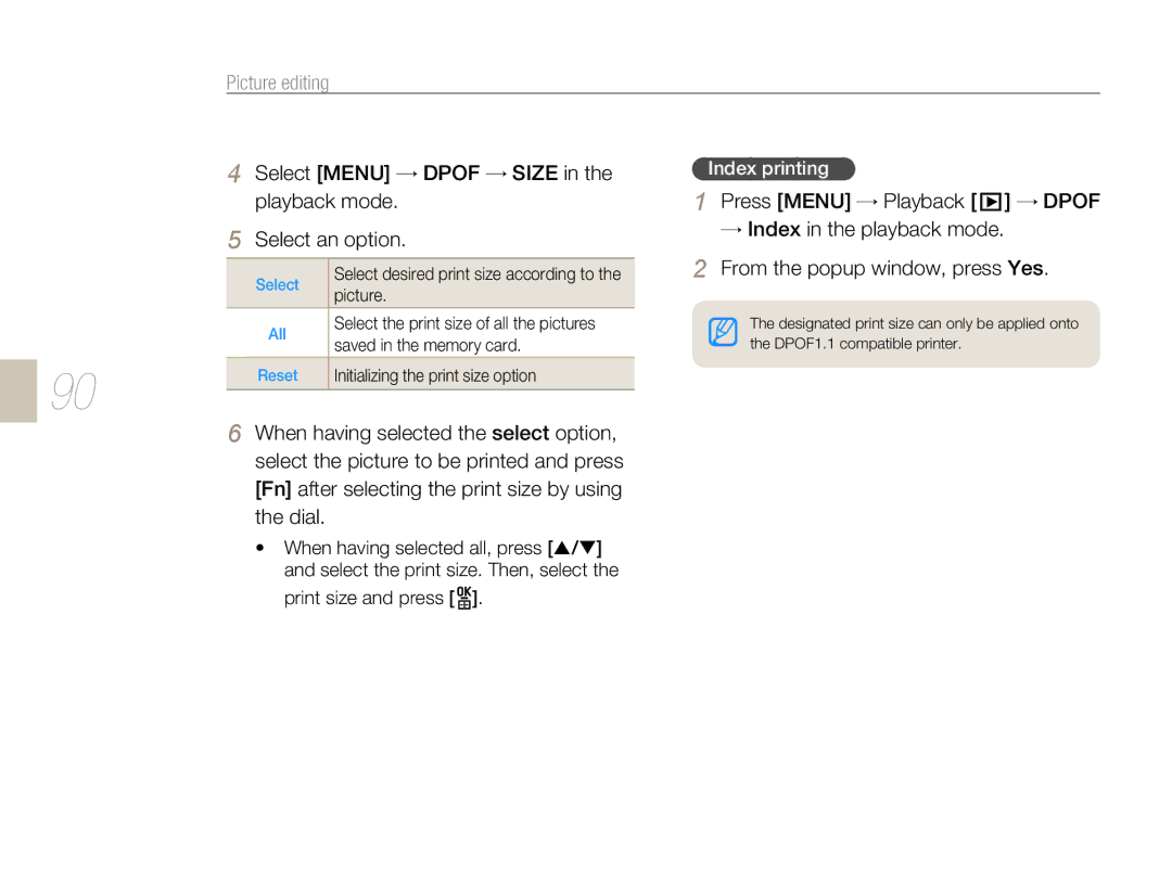 Samsung NX-series, NX 10 user manual Select Menu → Dpof → Size, Press Menu → Playback → Dpof, Playback mode, Index printing 