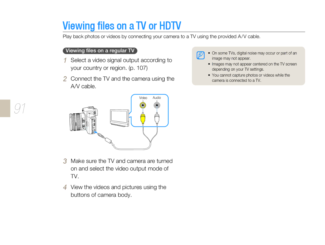 Samsung NX 10, NX-series user manual Viewing files on a TV or Hdtv, Viewing ﬁles on a regular TV 