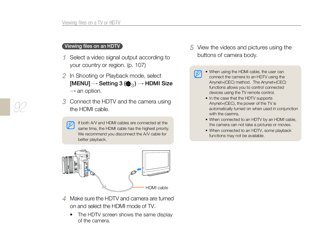 Samsung NX-series, NX 10 user manual Viewing ﬁles on a TV or Hdtv, View the videos and pictures using, Hdmi cable 