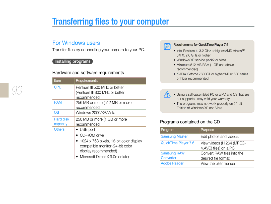 Samsung NX 10, NX-series Transferring files to your computer, For Windows users, Hardware and software requirements 