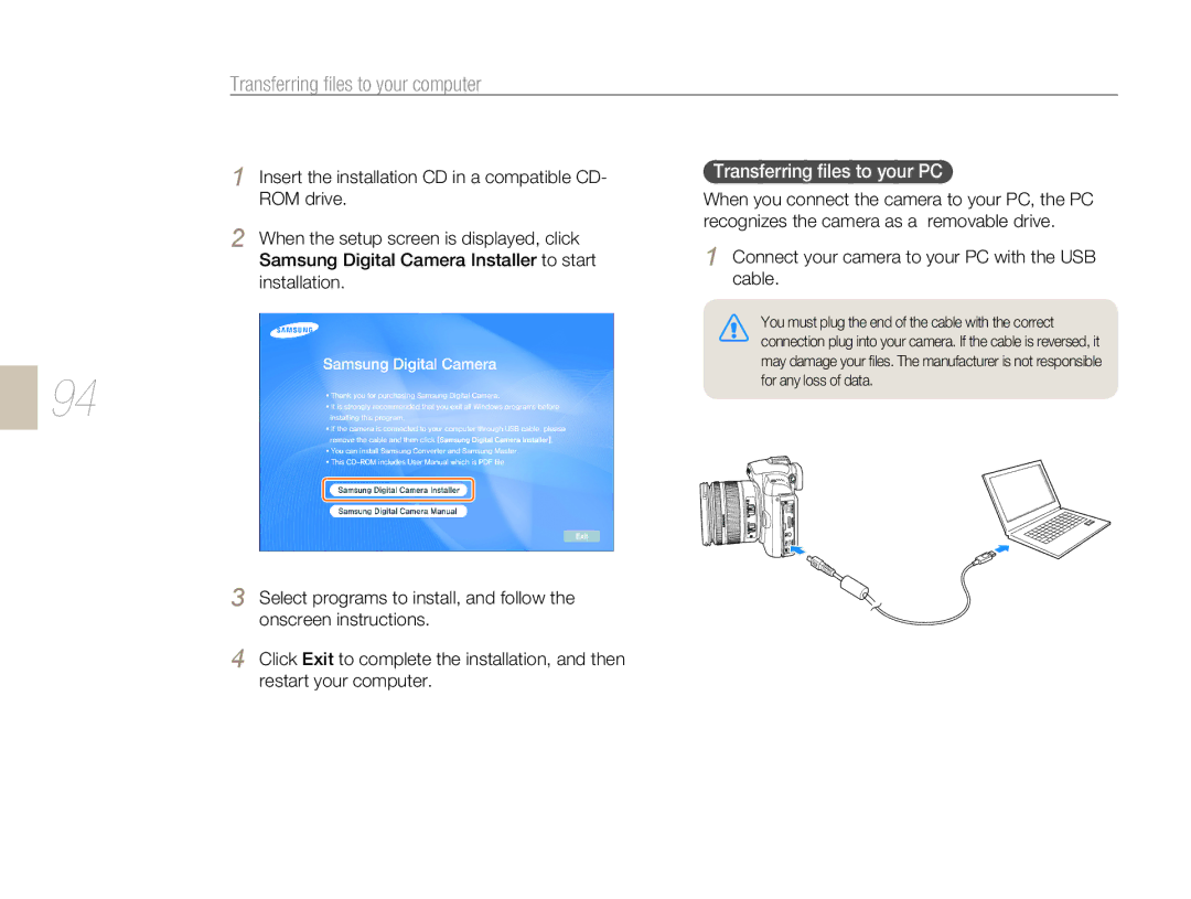 Samsung NX-series, NX 10 user manual Transferring files to your computer, Transferring files to your PC 