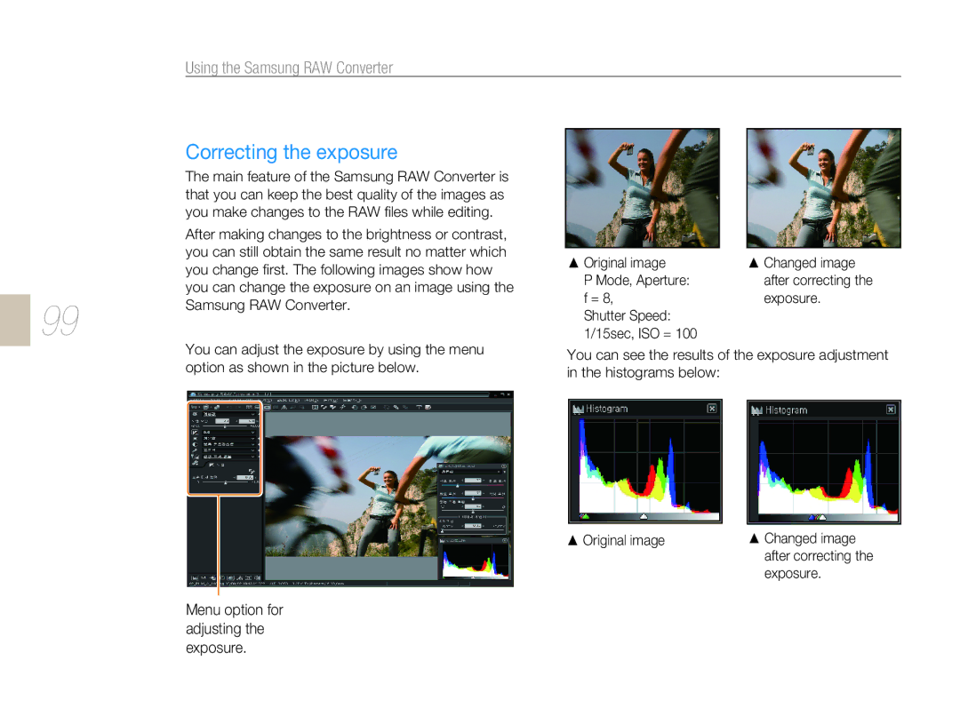 Samsung NX 10, NX-series user manual Correcting the exposure, Using the Samsung RAW Converter, Exposure 