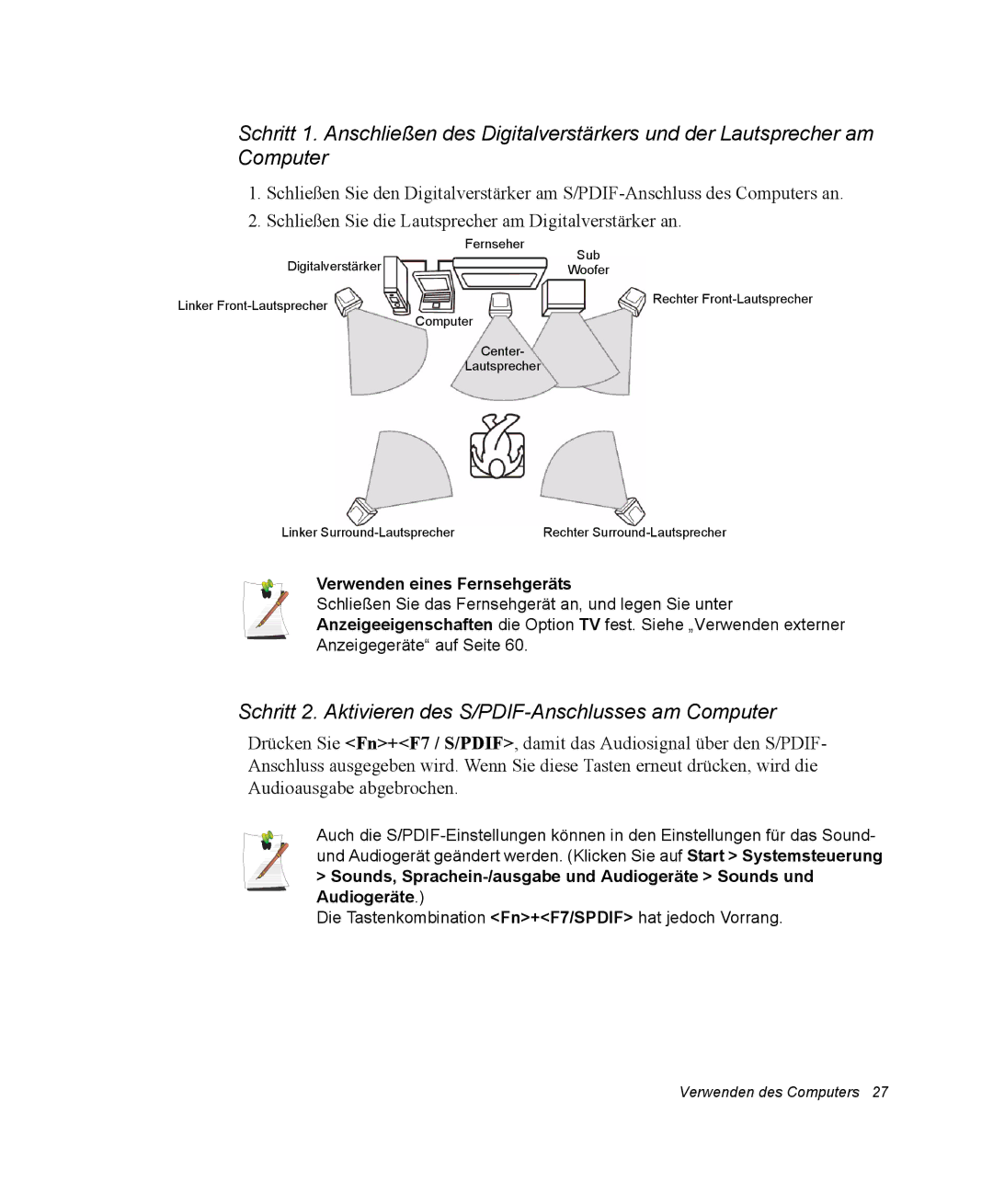 Samsung NX05RP0C1U/SEG manual Schritt 2. Aktivieren des S/PDIF-Anschlusses am Computer, Verwenden eines Fernsehgeräts 