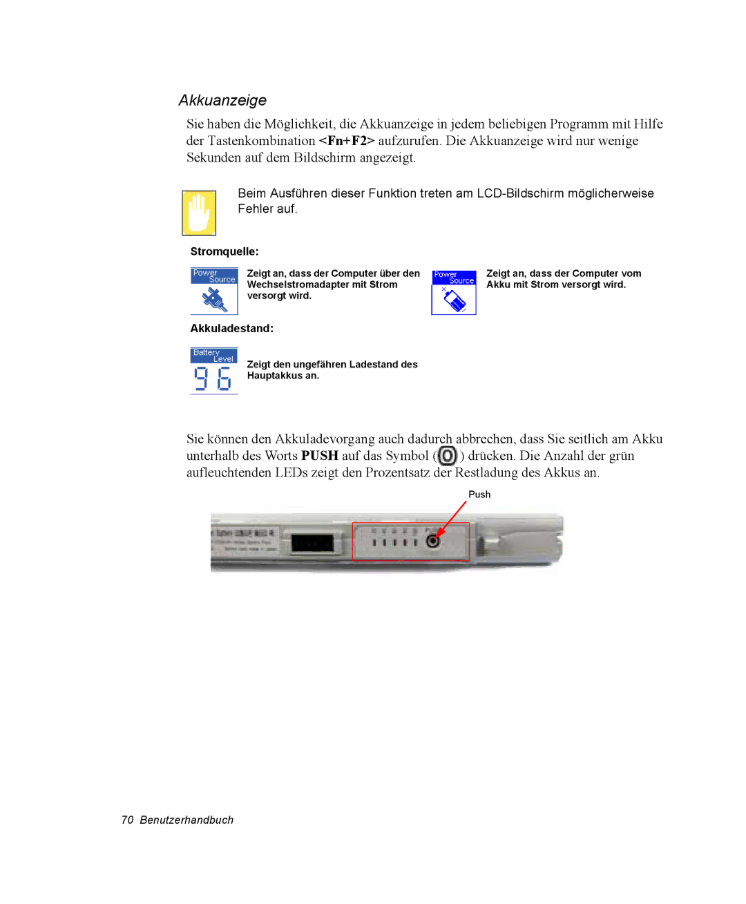 Samsung NX05PRC000/SEG, NX05CH50QJ/SEG, NX05RP0C1U/SEG manual Akkuanzeige, Stromquelle 