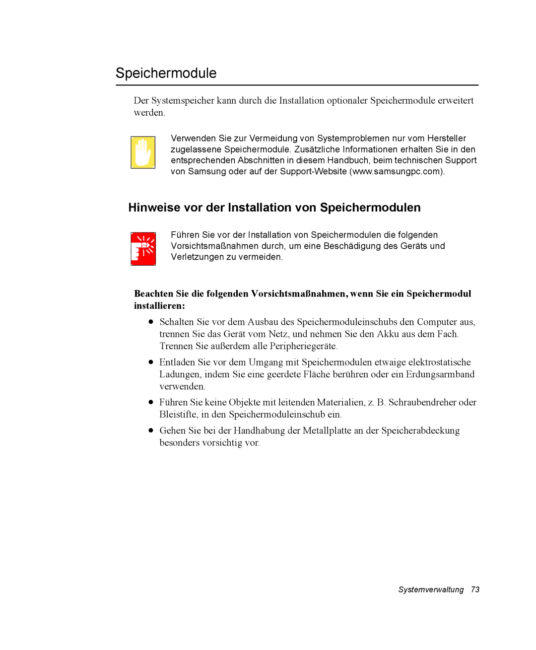 Samsung NX05PRC000/SEG, NX05CH50QJ/SEG, NX05RP0C1U/SEG manual Hinweise vor der Installation von Speichermodulen 