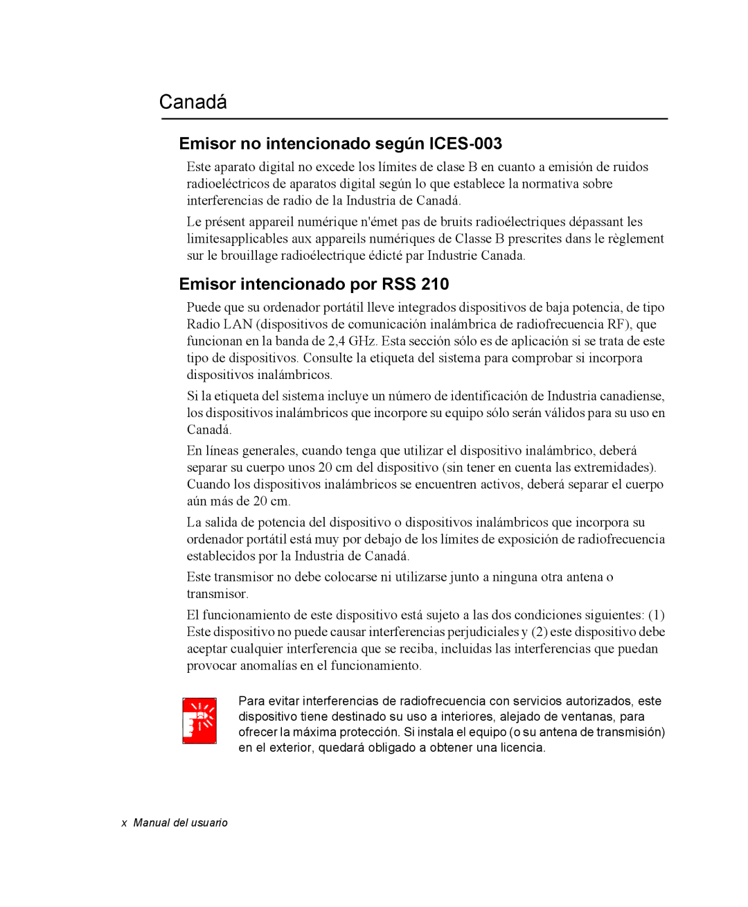 Samsung NX05PRC001/SES, NX05RH0AAJ/SES manual Canadá, Emisor no intencionado según ICES-003, Emisor intencionado por RSS 