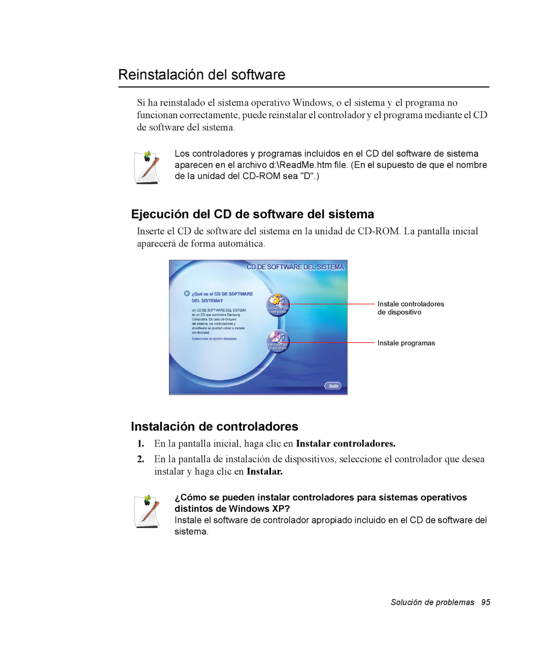 Samsung NX05RH2R0S/SES Reinstalación del software, Ejecución del CD de software del sistema, Instalación de controladores 