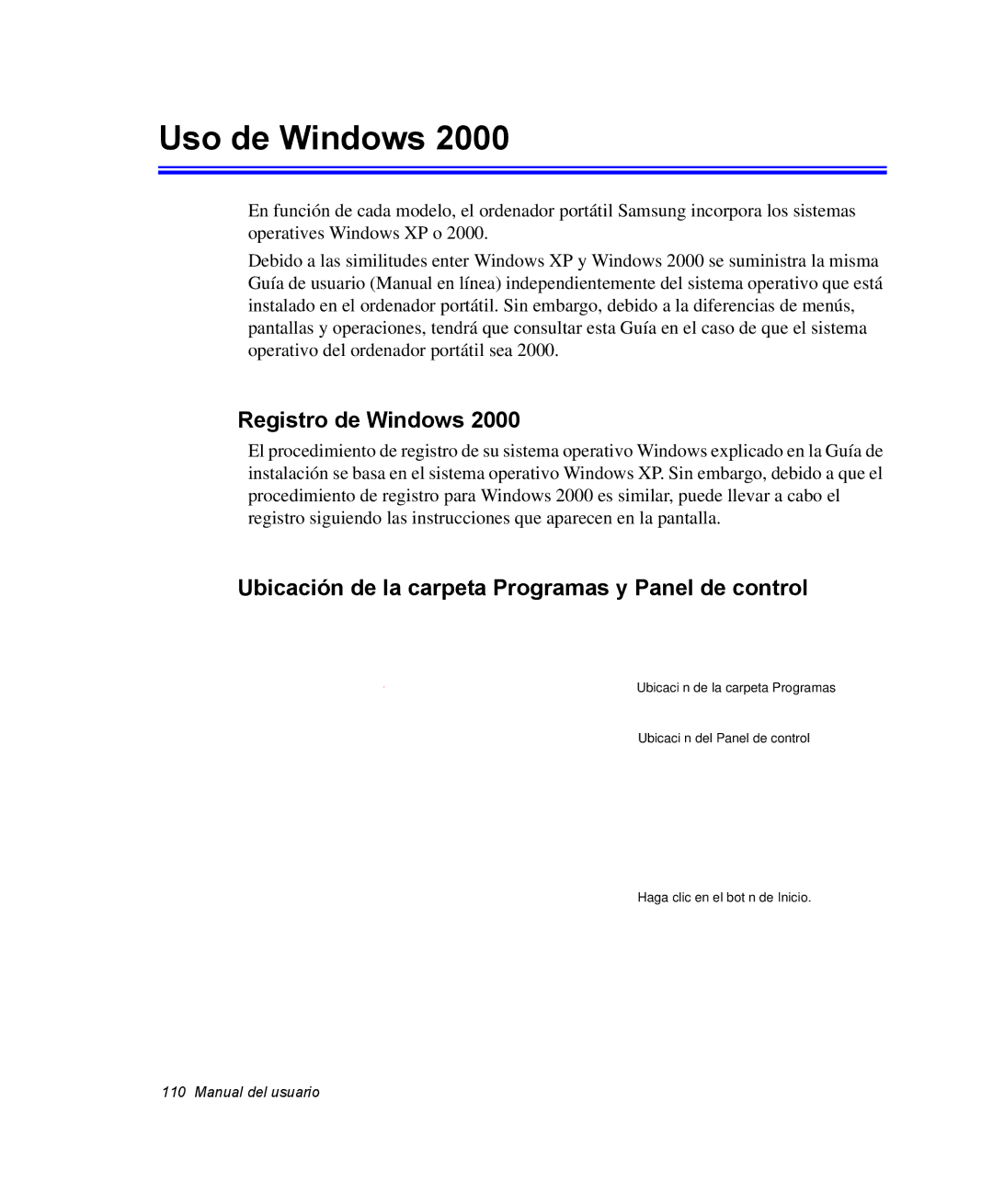 Samsung NX05CH4PD4/SES manual Uso de Windows, Registro de Windows, Ubicación de la carpeta Programas y Panel de control 