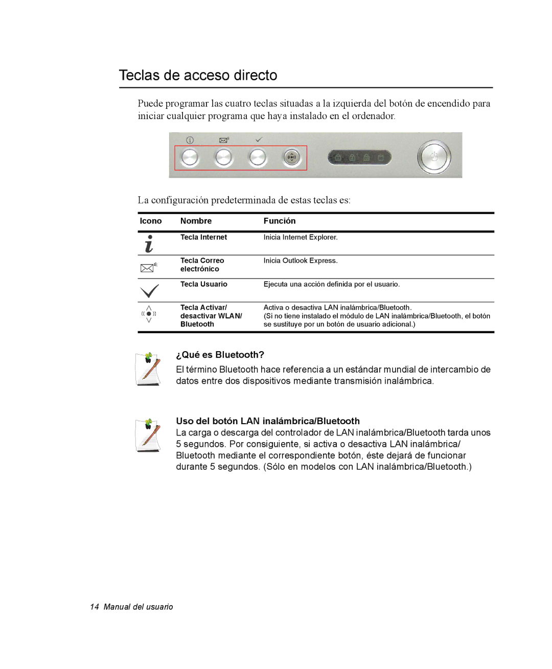 Samsung NX05RH2WNE/SES manual Teclas de acceso directo, ¿Qué es Bluetooth?, Uso del botón LAN inalámbrica/Bluetooth 