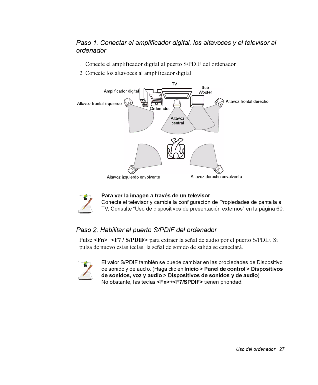 Samsung NX05PRC002/SES manual Paso 2. Habilitar el puerto S/PDIF del ordenador, Para ver la imagen a través de un televisor 