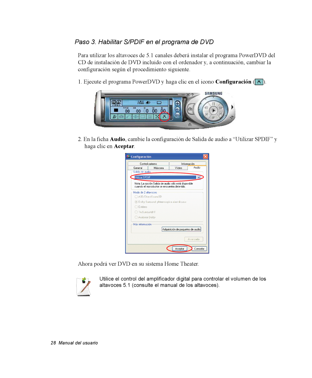 Samsung NX05TH8FAE/SES, NX05RH0AAJ/SES, NX05PRC003/SES, NX05CH4PD4/SES manual Paso 3. Habilitar S/PDIF en el programa de DVD 