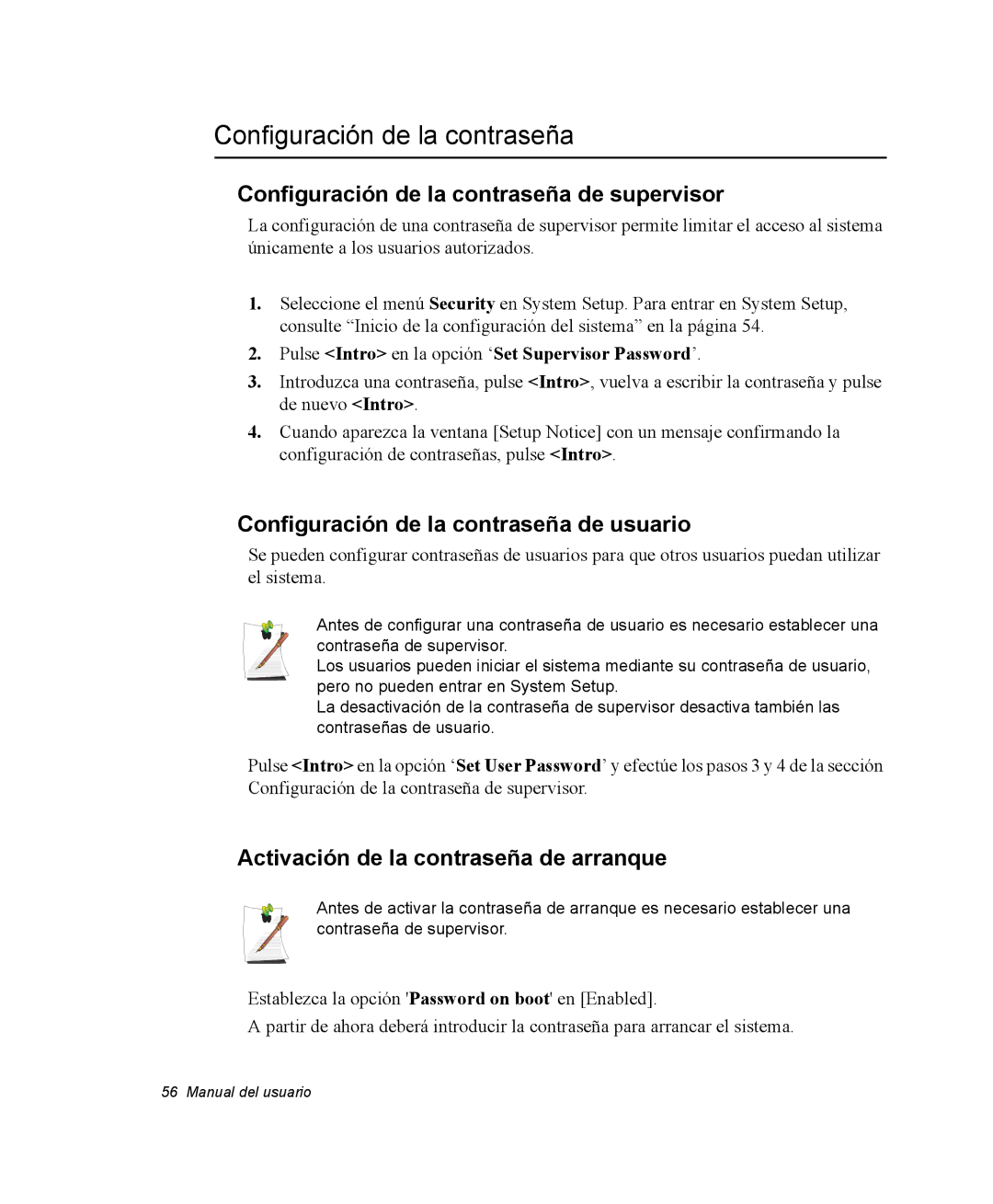 Samsung NX05CH54BC/SES manual Configuración de la contraseña de supervisor, Configuración de la contraseña de usuario 