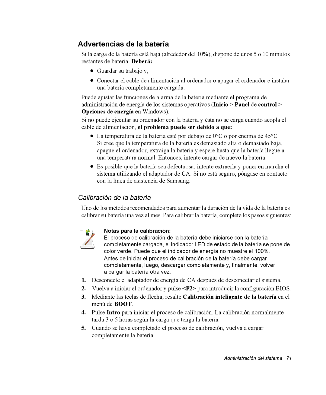 Samsung NX05PRC002/SES, NX05RH0AAJ/SES Advertencias de la batería, Calibración de la batería, Notas para la calibración 