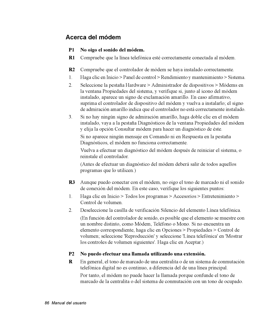 Samsung NX05RH0AAJ/SES, NX05PRC003/SES, NX05CH4PD4/SES, NX05CH54BC/SES manual Acerca del módem, P1 No oigo el sonido del módem 