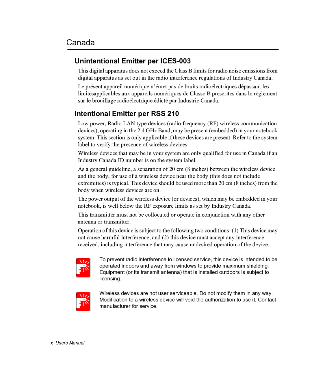 Samsung NX05RHZBTC/SUK, NX05PRC000/SEG manual Canada, Unintentional Emitter per ICES-003, Intentional Emitter per RSS 