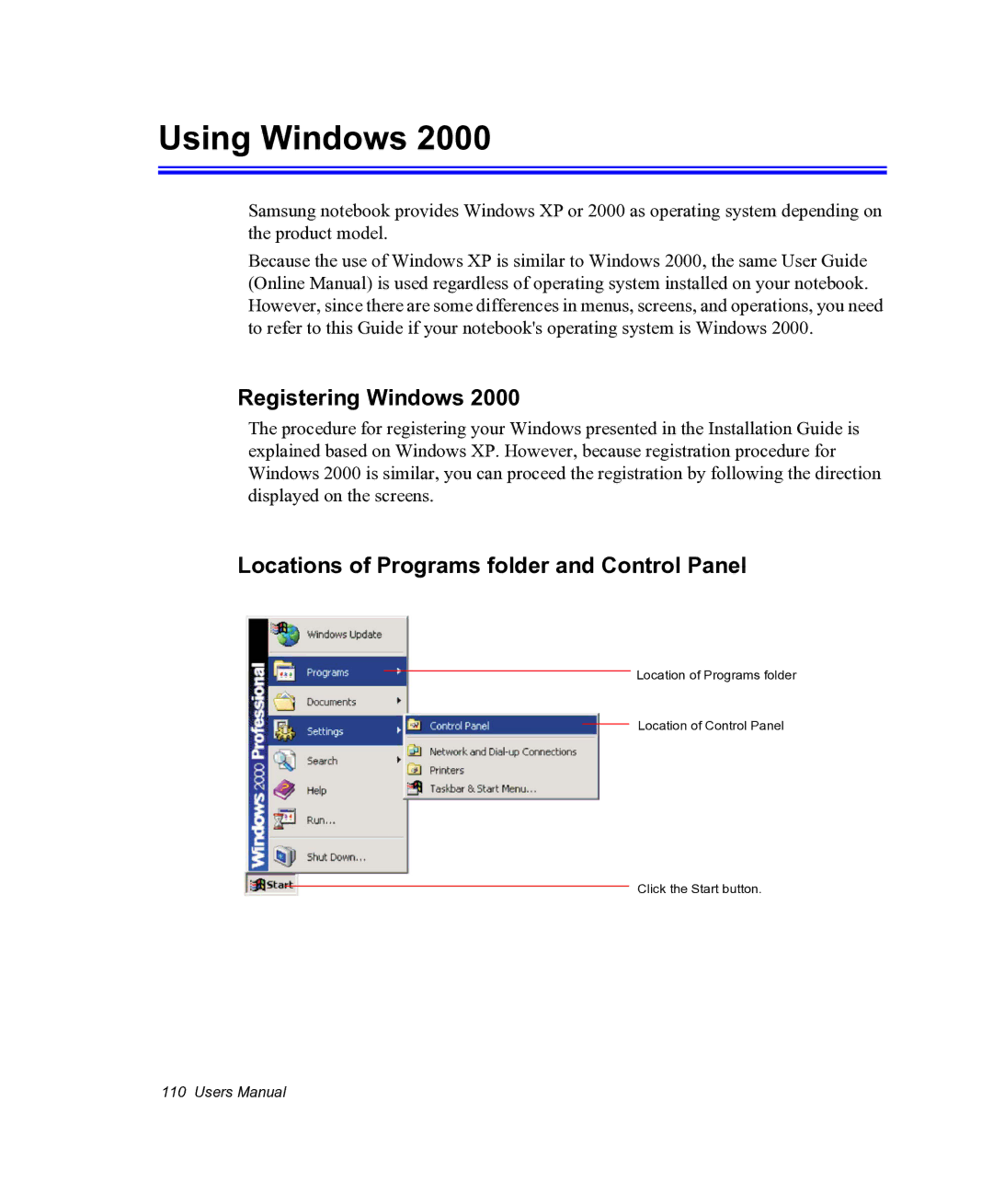 Samsung NX05PRC000/SEG, NX05RHZBTC/SUK Using Windows, Registering Windows, Locations of Programs folder and Control Panel 