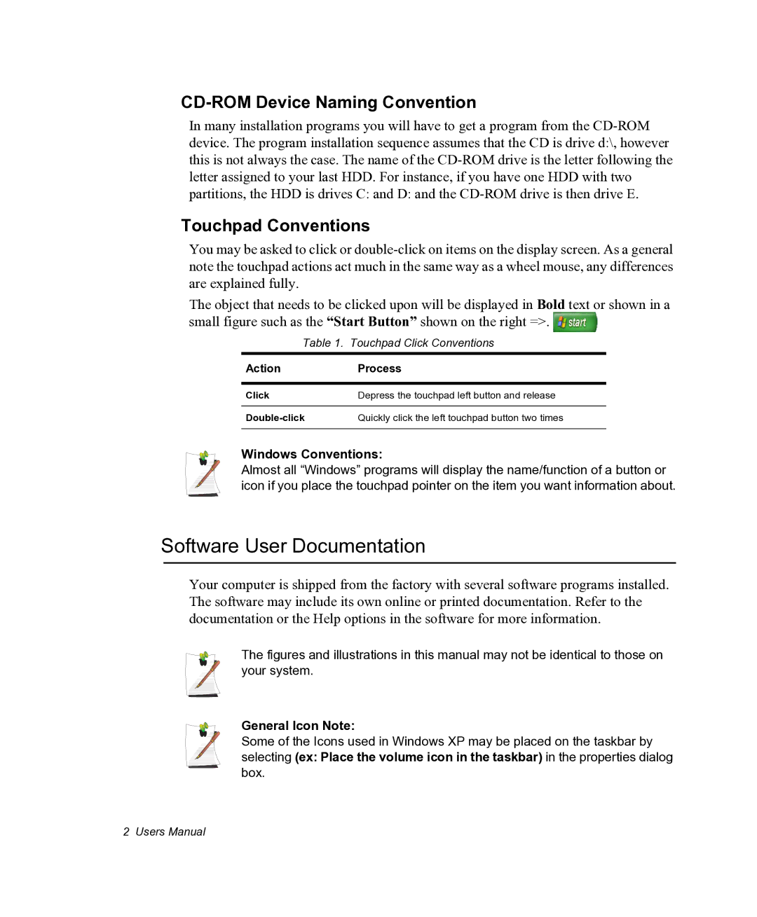 Samsung NX05PRC000/SEG, NX05RHZBTC/SUK Software User Documentation, CD-ROM Device Naming Convention, Touchpad Conventions 