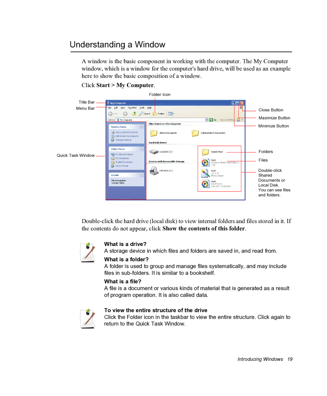 Samsung NX05RHZBTC/SUK, NX05PRC000/SEG manual Understanding a Window, Click Start My Computer 