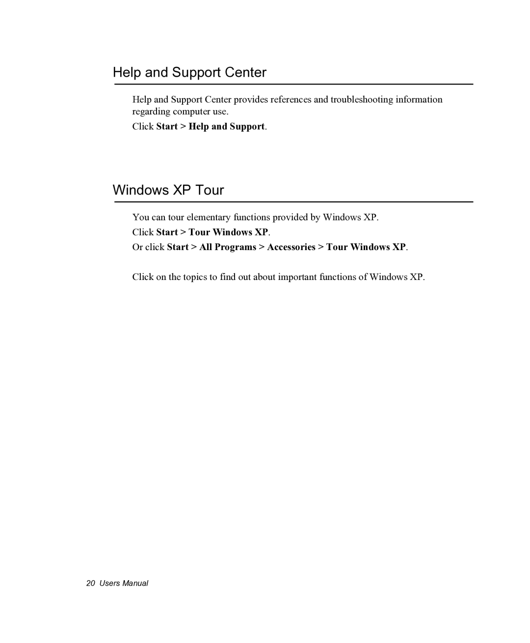 Samsung NX05PRC000/SEG, NX05RHZBTC/SUK manual Help and Support Center, Windows XP Tour, Click Start Help and Support 