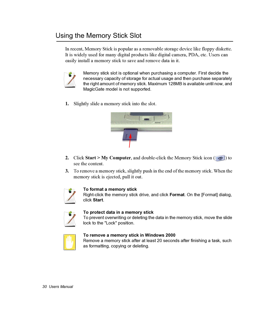 Samsung NX05PRC000/SEG manual Using the Memory Stick Slot, To format a memory stick, To protect data in a memory stick 