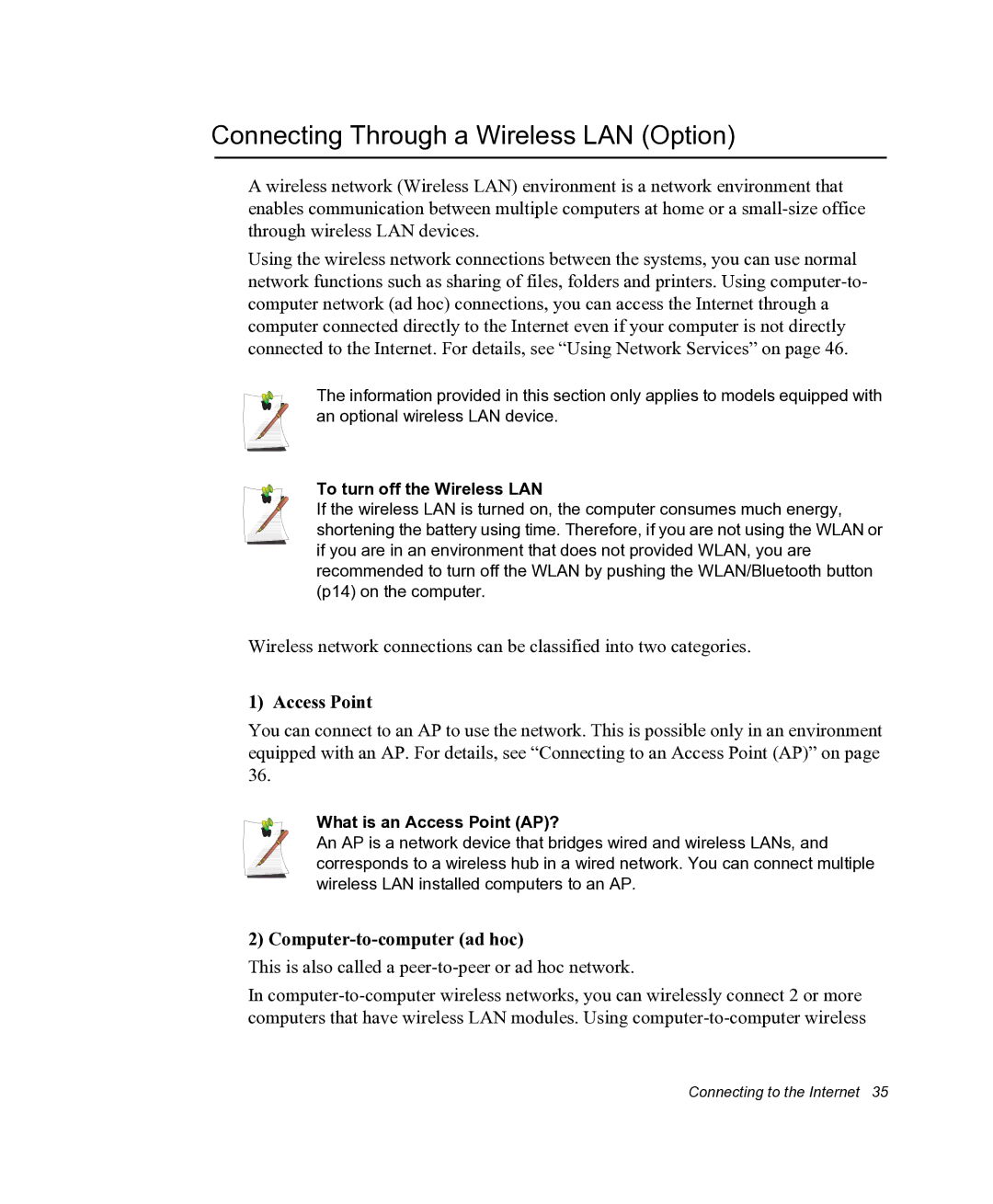 Samsung NX05RHZBTC/SUK, NX05PRC000/SEG Connecting Through a Wireless LAN Option, Access Point, Computer-to-computer ad hoc 