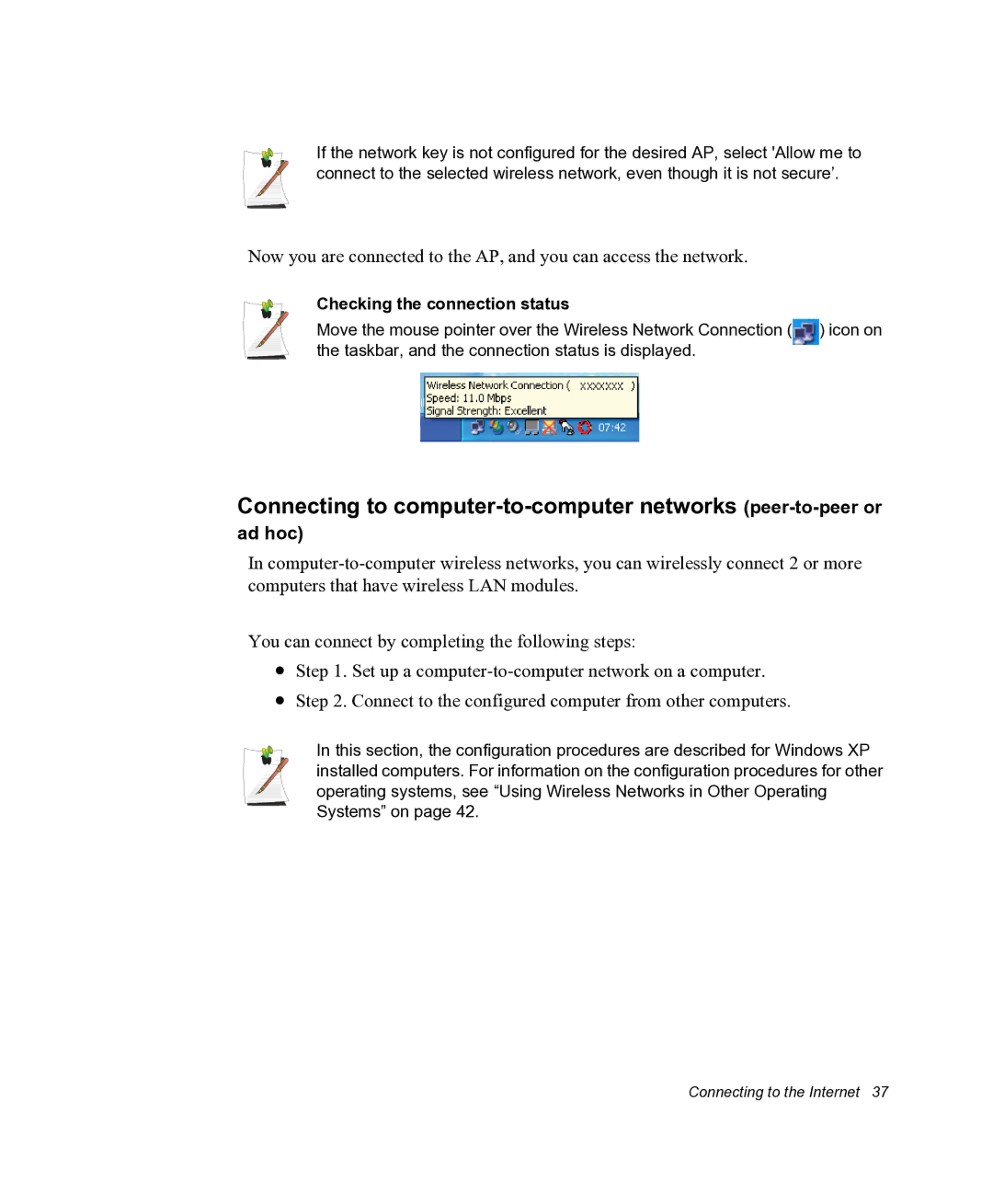 Samsung NX05RHZBTC/SUK manual Connecting to computer-to-computer networks peer-to-peer or, Checking the connection status 