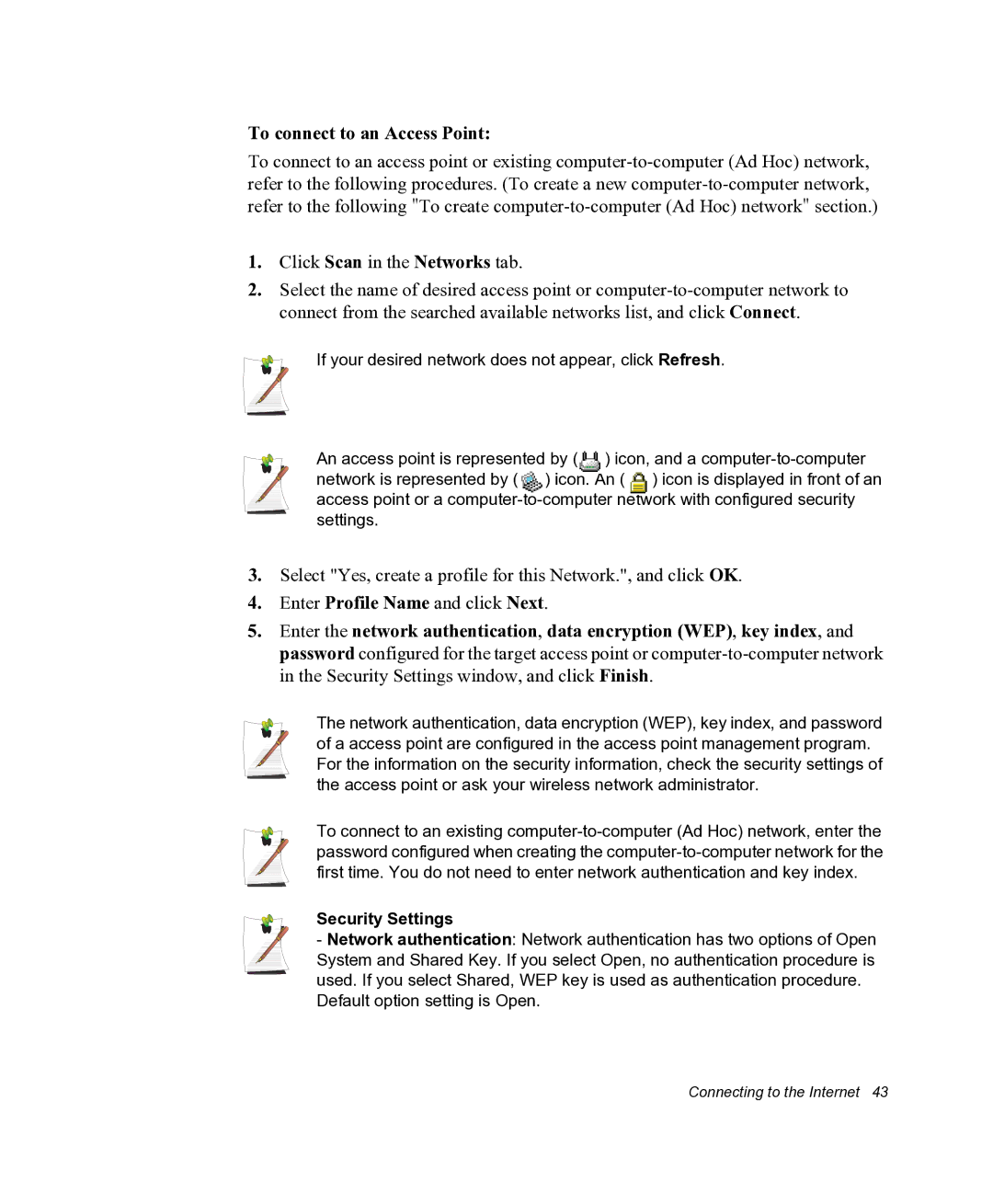 Samsung NX05RHZBTC/SUK, NX05PRC000/SEG manual To connect to an Access Point, Security Settings 