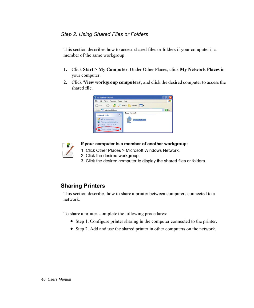 Samsung NX05PRC000/SEG Sharing Printers, Using Shared Files or Folders, If your computer is a member of another workgroup 