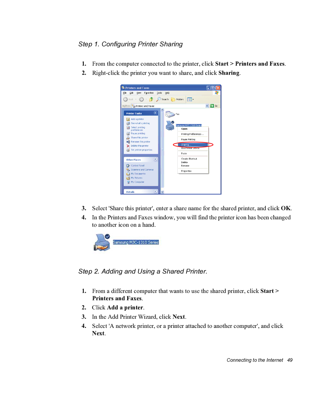 Samsung NX05RHZBTC/SUK, NX05PRC000/SEG Configuring Printer Sharing, Adding and Using a Shared Printer, Click Add a printer 