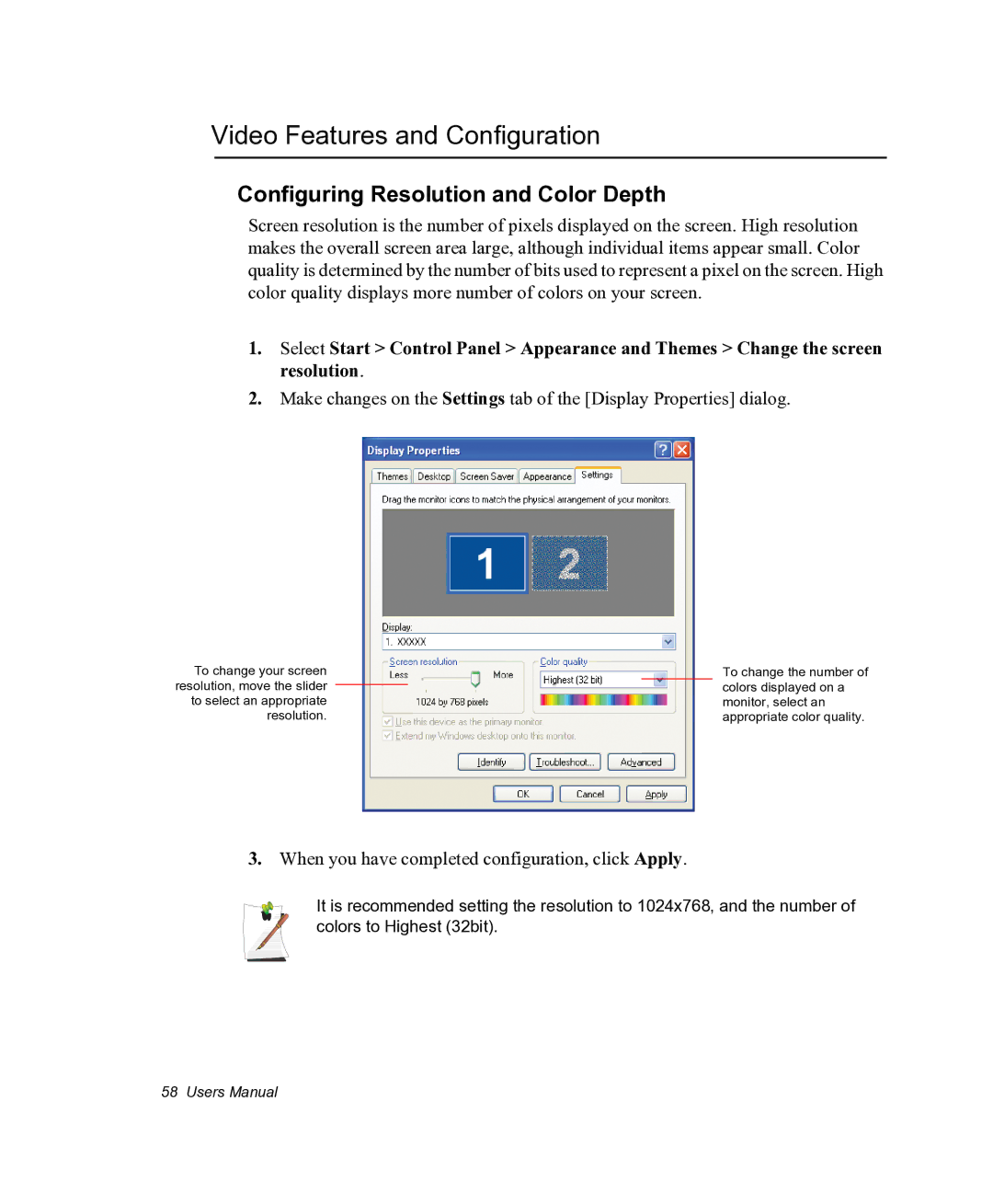 Samsung NX05PRC000/SEG, NX05RHZBTC/SUK manual Video Features and Configuration, Configuring Resolution and Color Depth 