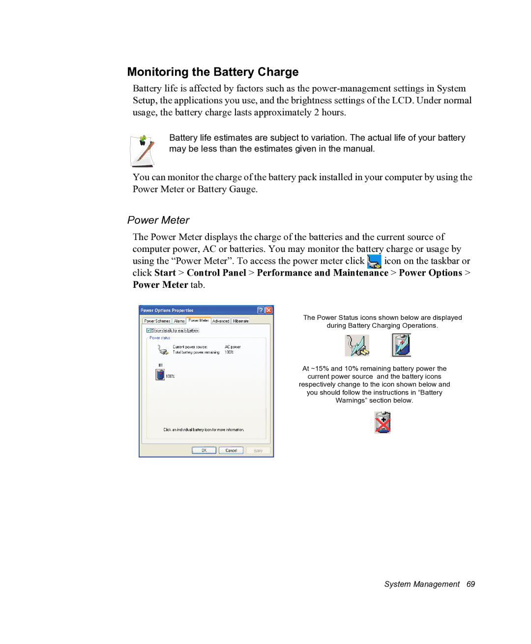 Samsung NX05RHZBTC/SUK, NX05PRC000/SEG manual Monitoring the Battery Charge, Power Meter 