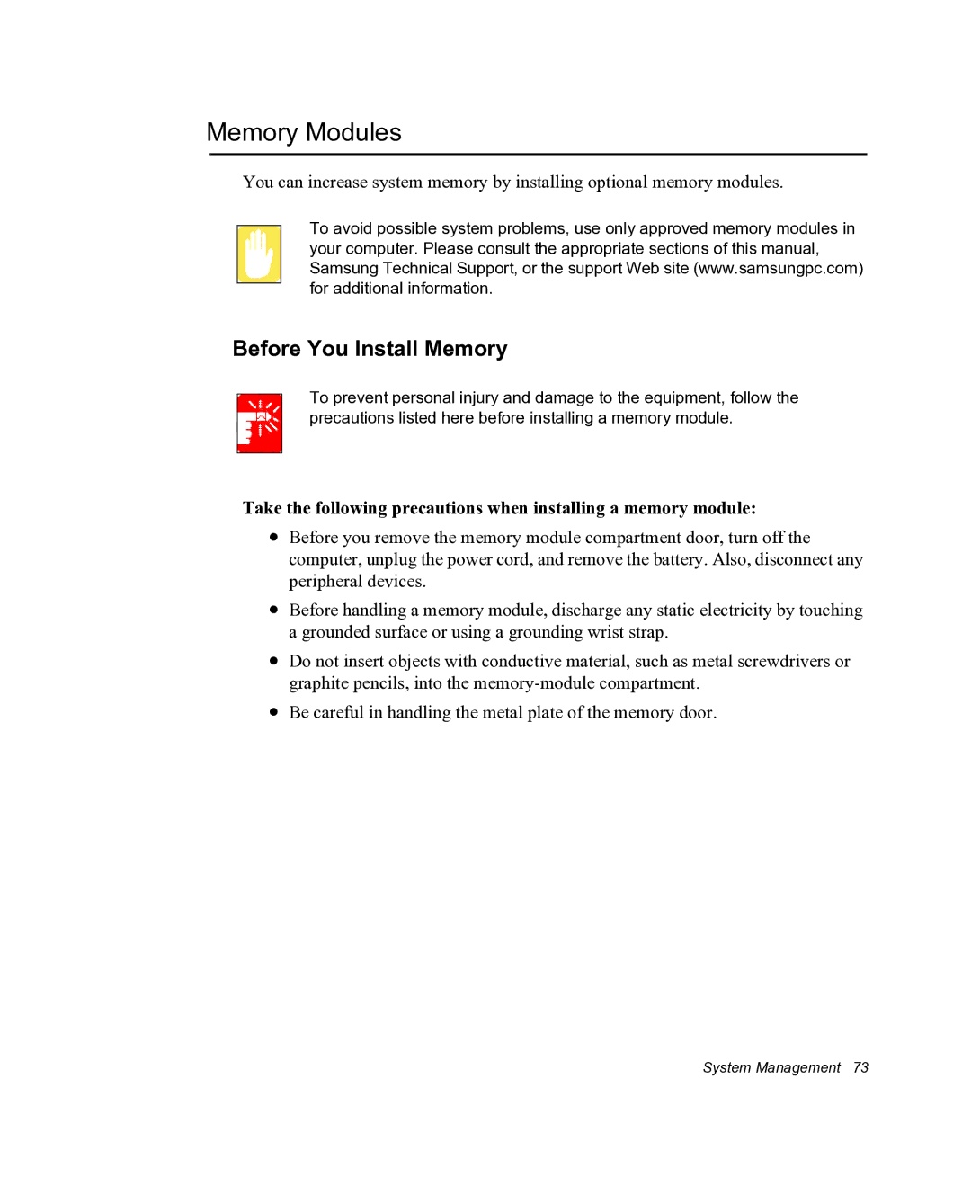 Samsung NX05RHZBTC/SUK, NX05PRC000/SEG manual Memory Modules, Before You Install Memory 