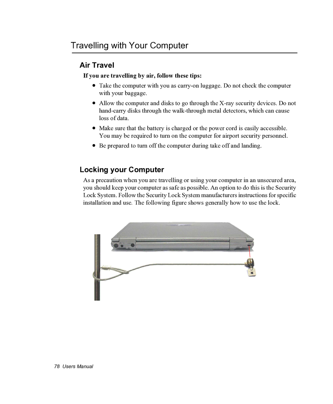Samsung NX05PRC000/SEG, NX05RHZBTC/SUK manual Travelling with Your Computer, Air Travel, Locking your Computer 