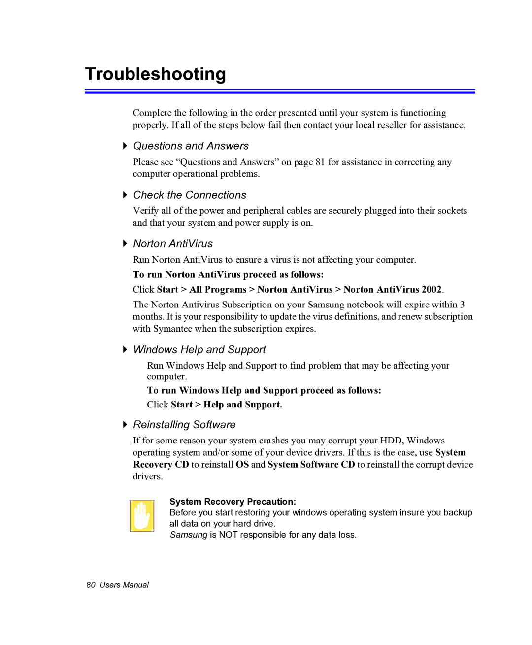 Samsung NX05PRC000/SEG, NX05RHZBTC/SUK manual Troubleshooting 