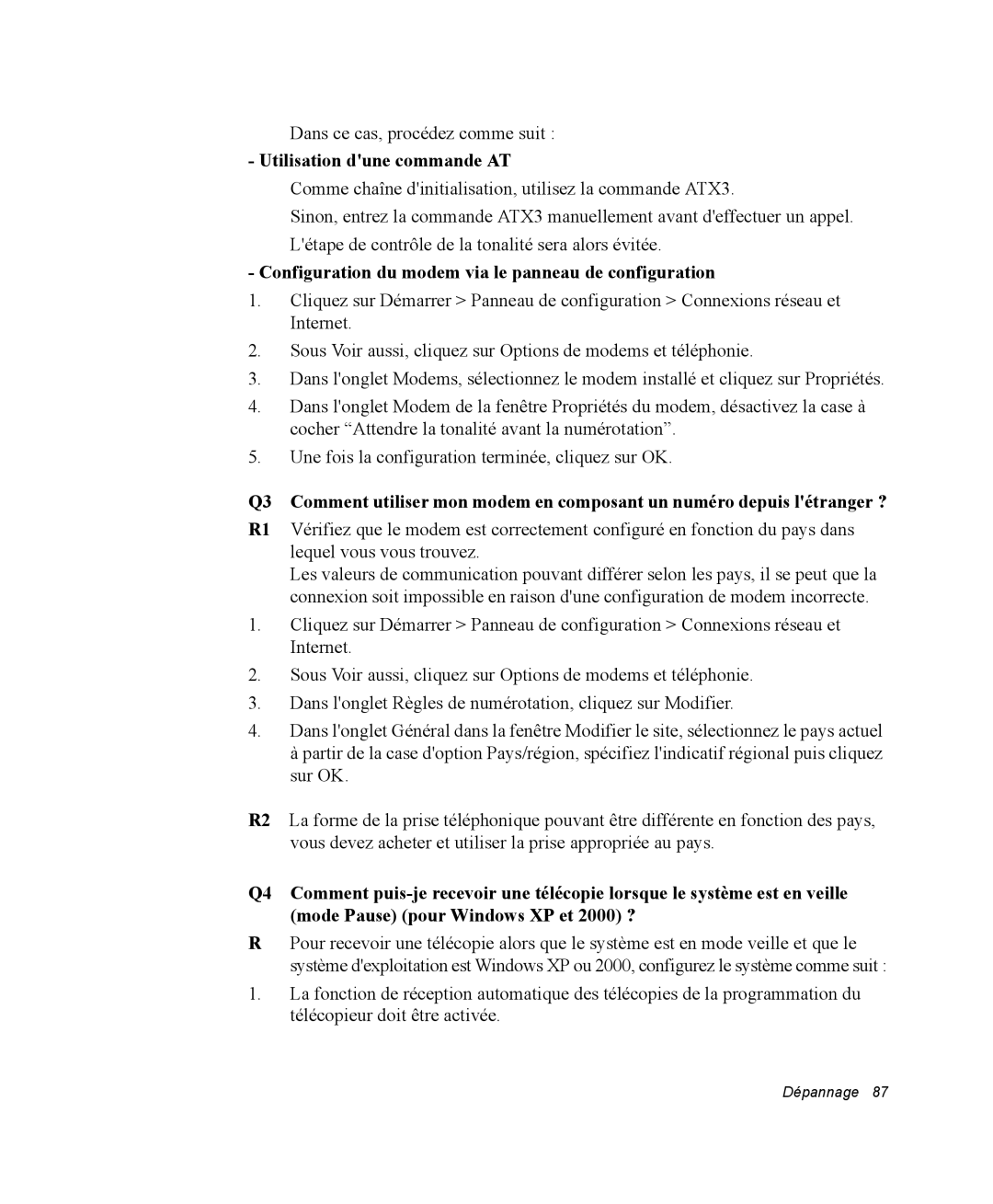 Samsung NX05BP1VM2/SEF manual Utilisation dune commande AT, Configuration du modem via le panneau de configuration 