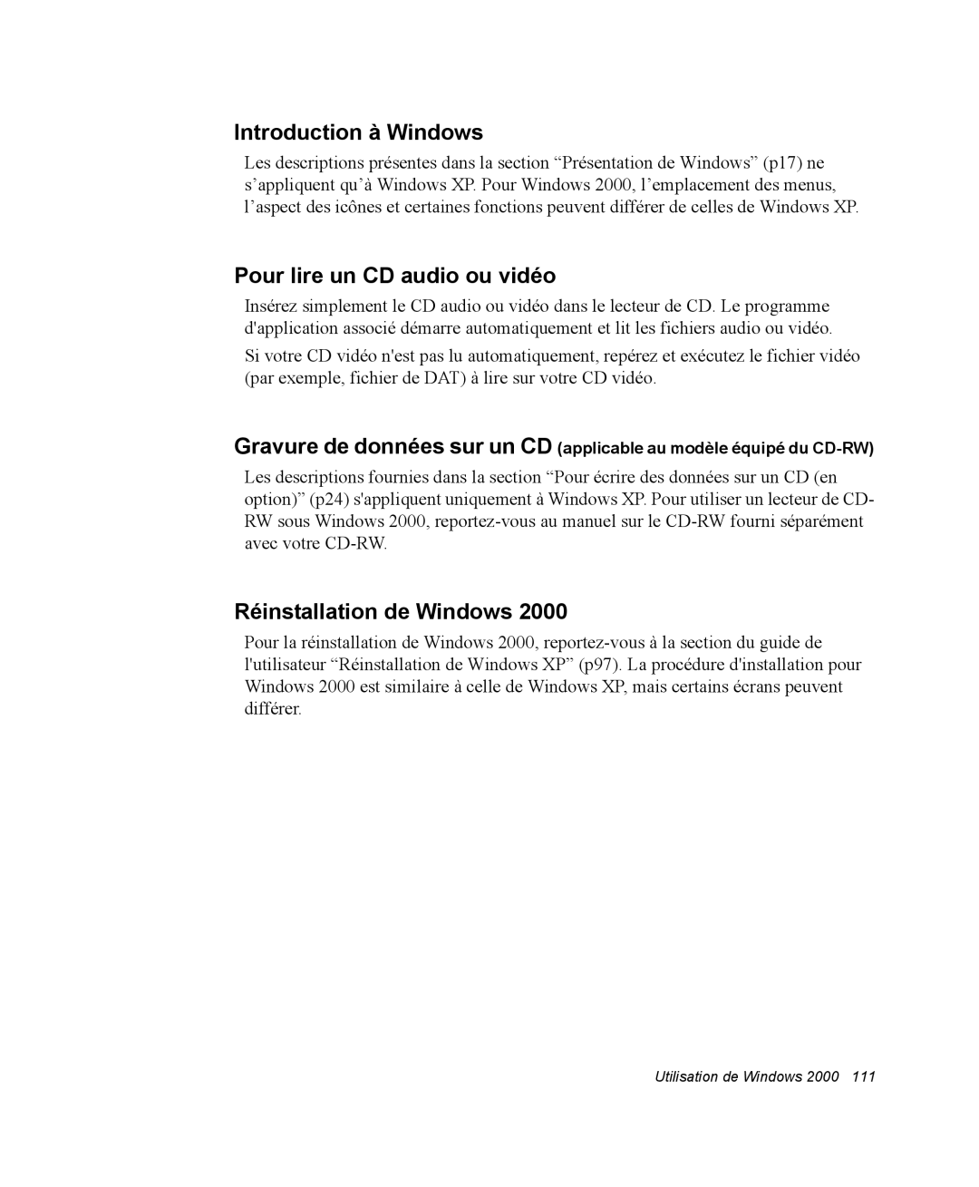 Samsung NX05PRT000/SEF, NX05RP2PMA/SEF, NX05BP1VM2/SEF manual Introduction à Windows, Pour lire un CD audio ou vidéo 