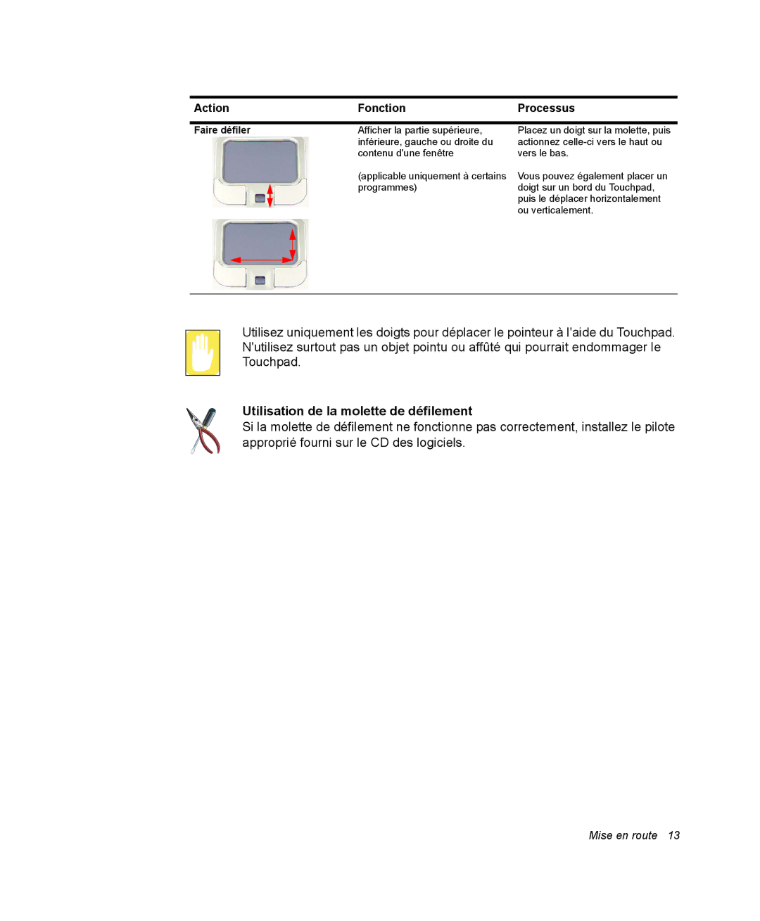 Samsung NX05PRT001/SEF, NX05RP2PMA/SEF, NX05BP1VM2/SEF manual Utilisation de la molette de défilement, Action Fonction 