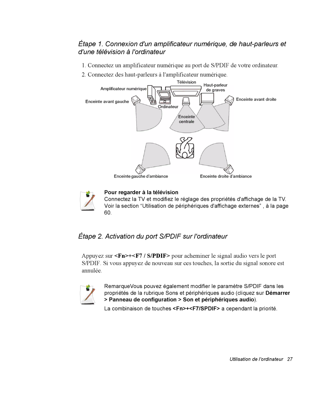 Samsung NX05TPBFTJ/SEF, NX05RP2PMA/SEF Étape 2. Activation du port S/PDIF sur lordinateur, Pour regarder à la télévision 