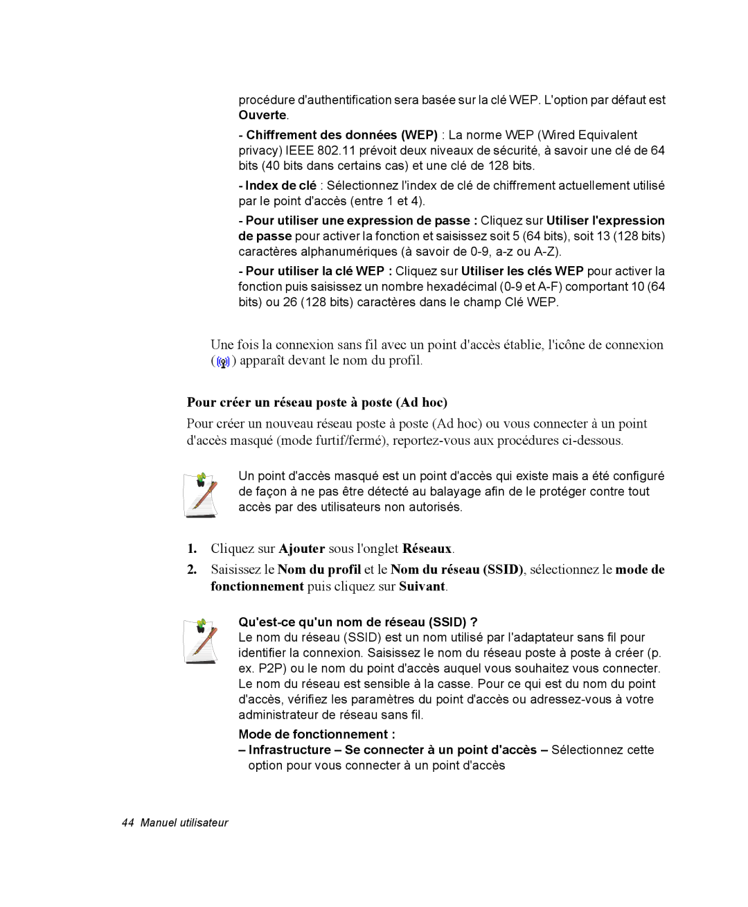 Samsung NX05RP2RBC/SEF, NX05RP2PMA/SEF manual Pour créer un réseau poste à poste Ad hoc, Quest-ce quun nom de réseau Ssid ? 