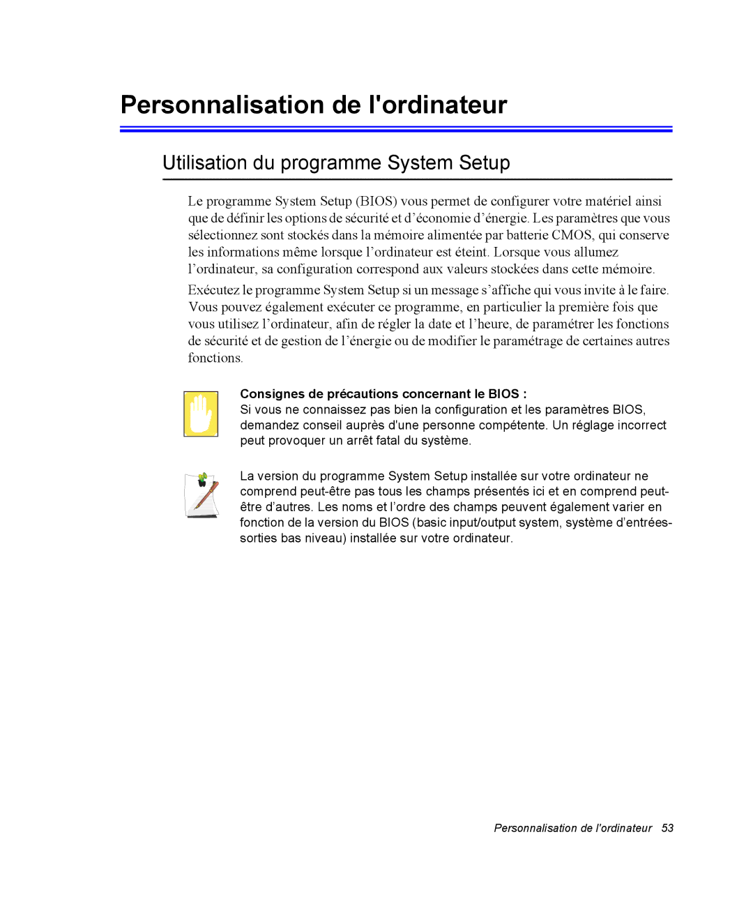 Samsung NX05RP2RBC/SEF, NX05RP2PMA/SEF manual Personnalisation de lordinateur, Utilisation du programme System Setup 