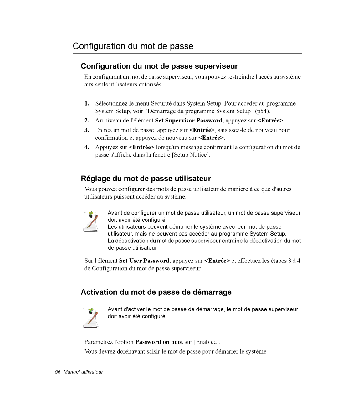 Samsung NX05RP12K4/SEF, NX05RP2PMA/SEF Configuration du mot de passe superviseur, Réglage du mot de passe utilisateur 