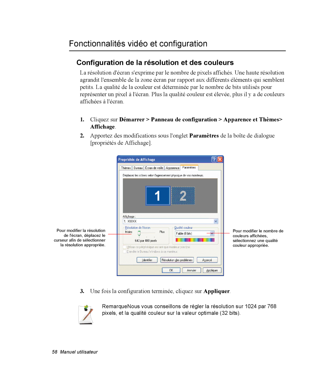 Samsung NX05PRT001/SEF manual Fonctionnalités vidéo et configuration, Configuration de la résolution et des couleurs 