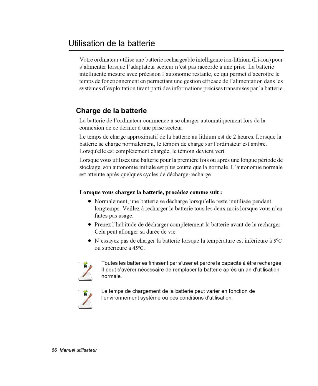 Samsung NX05PRT000/SEF, NX05RP2PMA/SEF, NX05BP1VM2/SEF, NX05BP1VP6/SEF Utilisation de la batterie, Charge de la batterie 