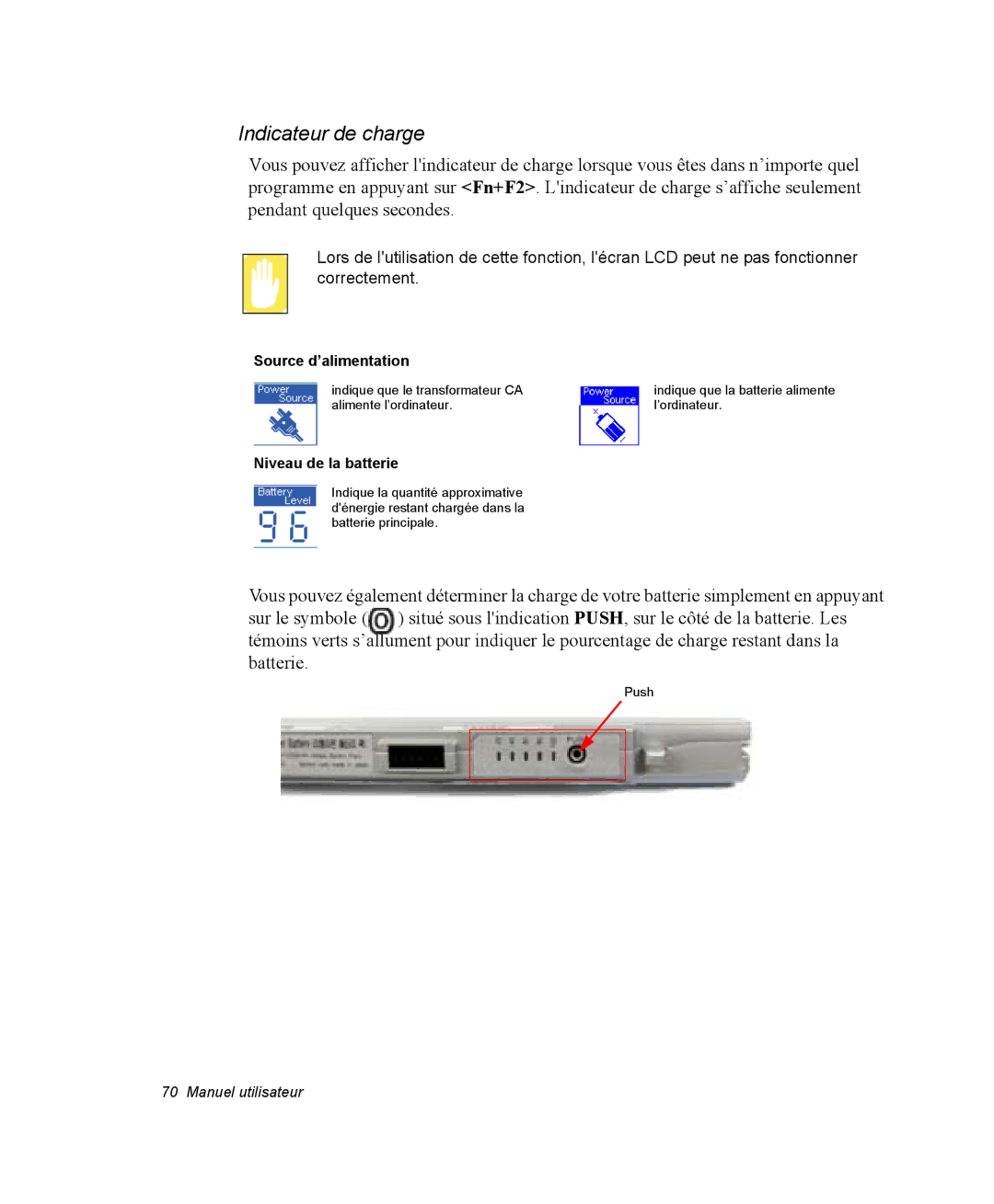 Samsung NX05BP1VP6/SEF, NX05RP2PMA/SEF, NX05BP1VM2/SEF, NX05RP2RBC/SEF manual Indicateur de charge, Source d’alimentation 