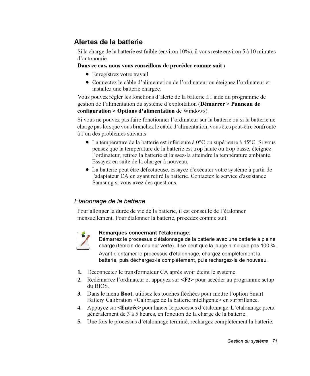 Samsung NX05RP2RBC/SEF Alertes de la batterie, Etalonnage de la batterie, Configuration Options d’alimentation de Windows 