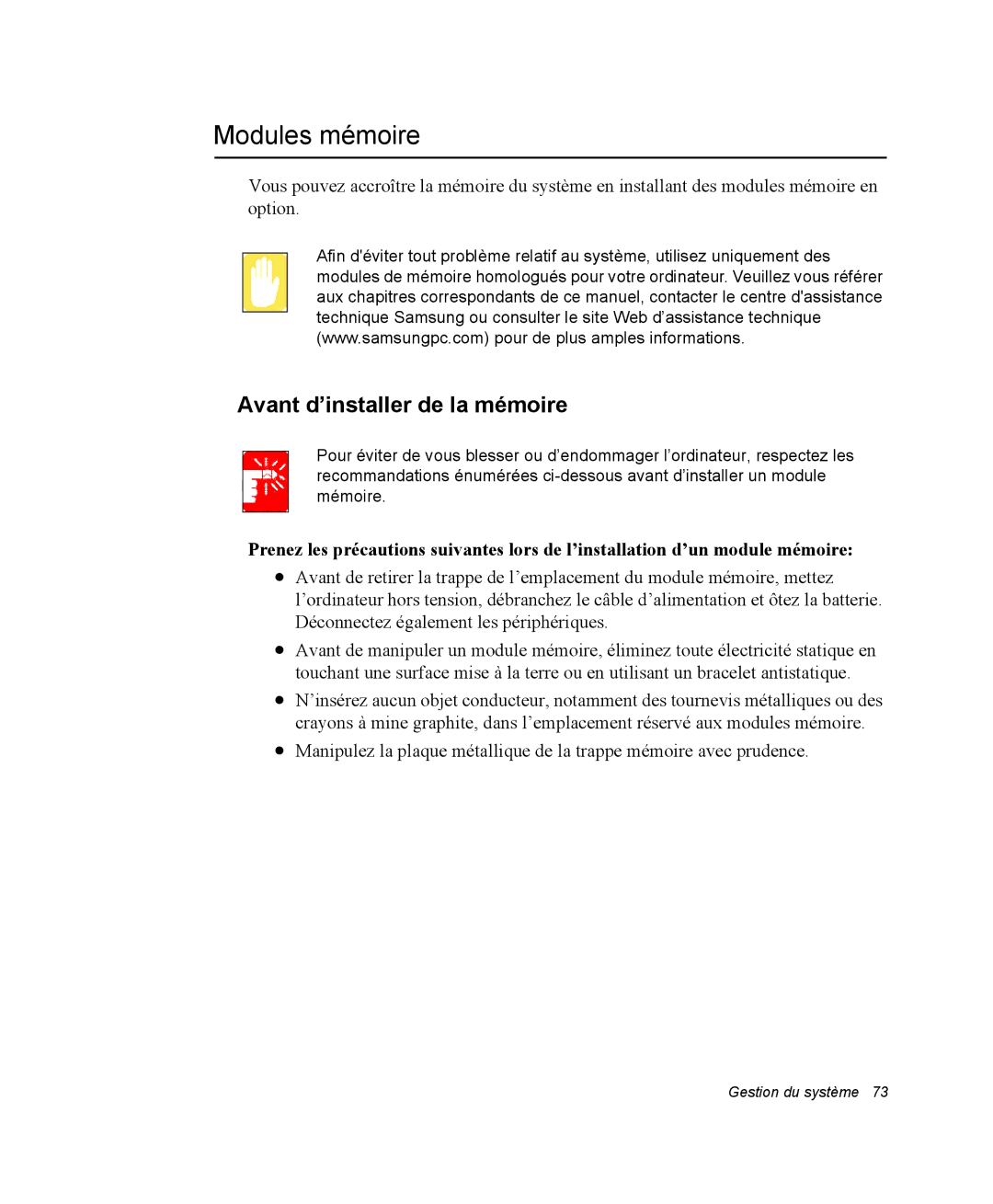 Samsung NX05RP80C6/SEF, NX05RP2PMA/SEF, NX05BP1VM2/SEF, NX05BP1VP6/SEF manual Modules mémoire, Avant d’installer de la mémoire 