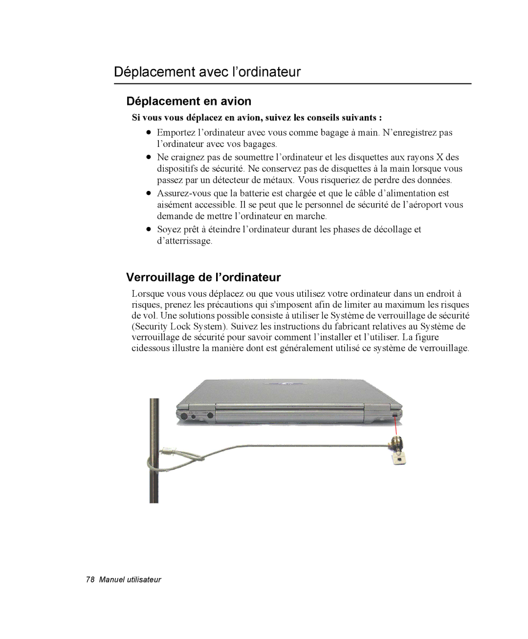 Samsung NX05BP1VM2/SEF, NX05RP2PMA/SEF Déplacement avec l’ordinateur, Déplacement en avion, Verrouillage de l’ordinateur 