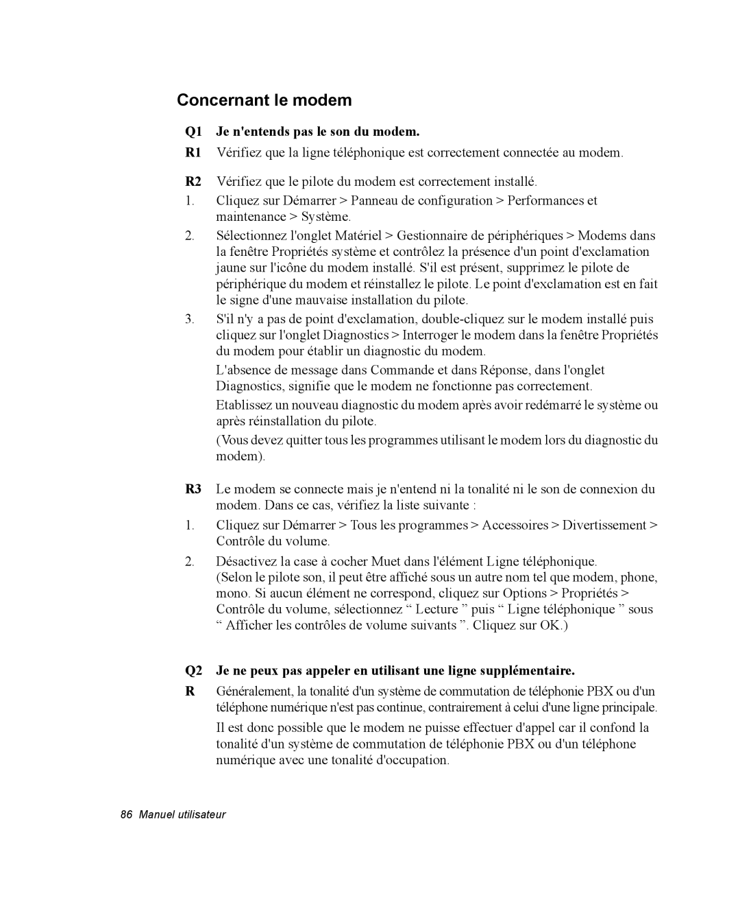 Samsung NX05RP2PMA/SEF, NX05BP1VM2/SEF, NX05BP1VP6/SEF manual Concernant le modem, Q1 Je nentends pas le son du modem 