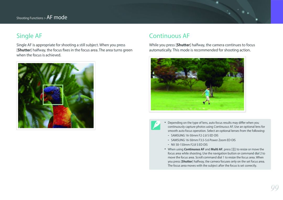 Samsung NX1 user manual Single AF, Continuous AF 