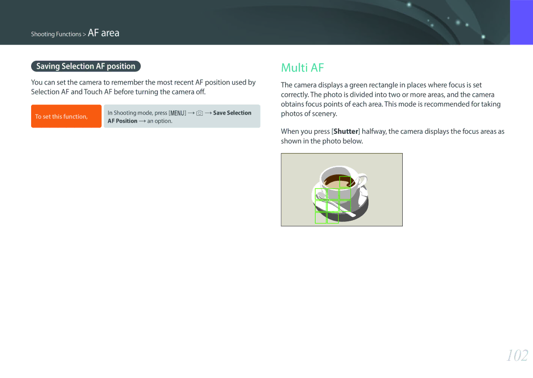 Samsung NX1 user manual 102, Multi AF, Saving Selection AF position 